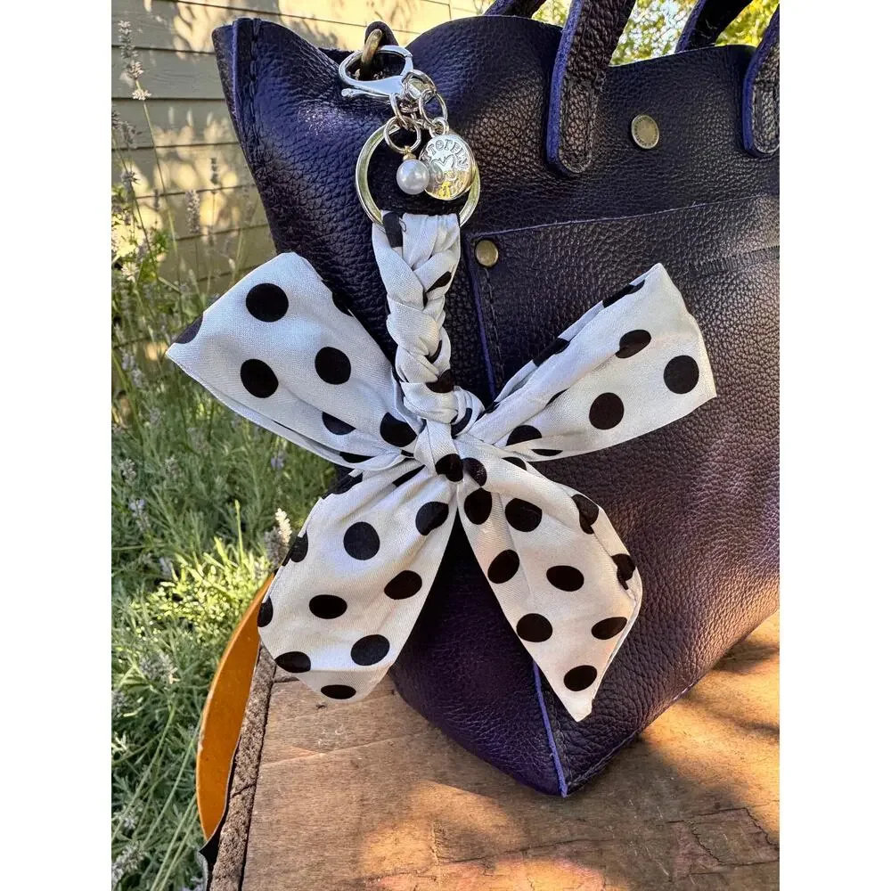 Fabric Satin Polka Dot Bow Bag Charm Black White Polka Dots Purse Charm